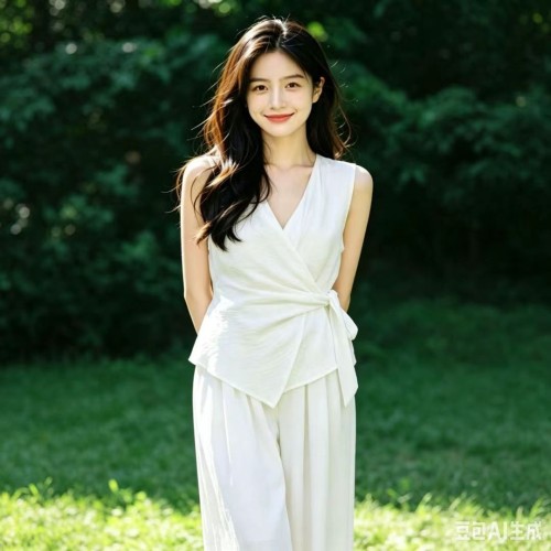 Women Sleeveless V-Neck Wrap Tie Top & Wide Leg Pants Two PieceOutfit Set