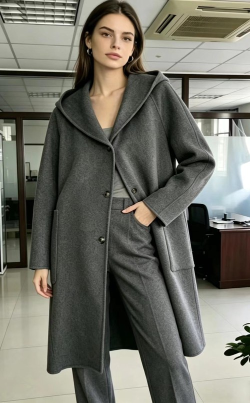 Double Faced Wool Hooded Long Coat