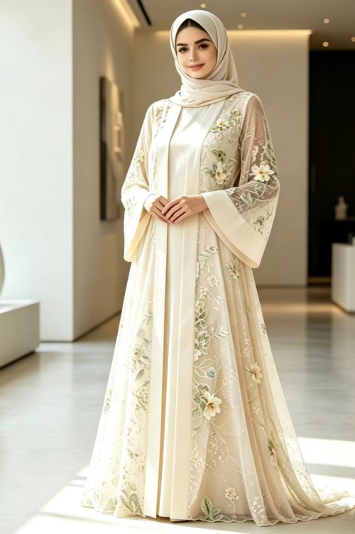 Embroidered Mesh Abaya Two Piece Set