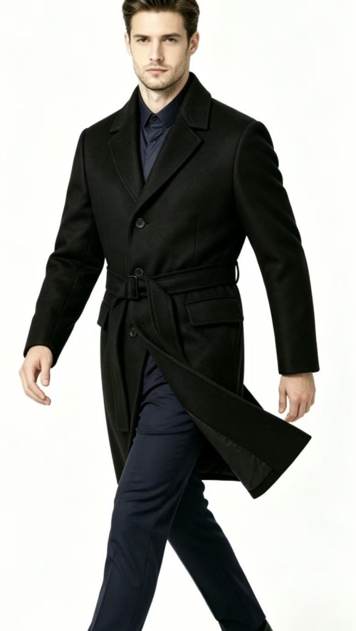 Mens 100% Polyester Wool-Blend Overcoat, Mid-Length Business Trench Coat, Winter Warm Outerwear
