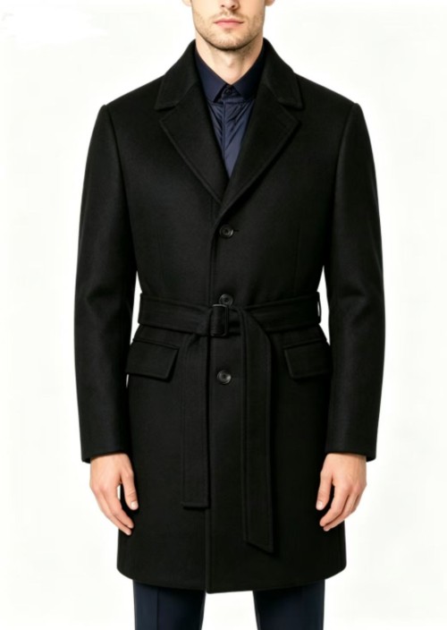 Mens 100% Polyester Wool-Blend Overcoat, Mid-Length Business Trench Coat, Winter Warm Outerwear