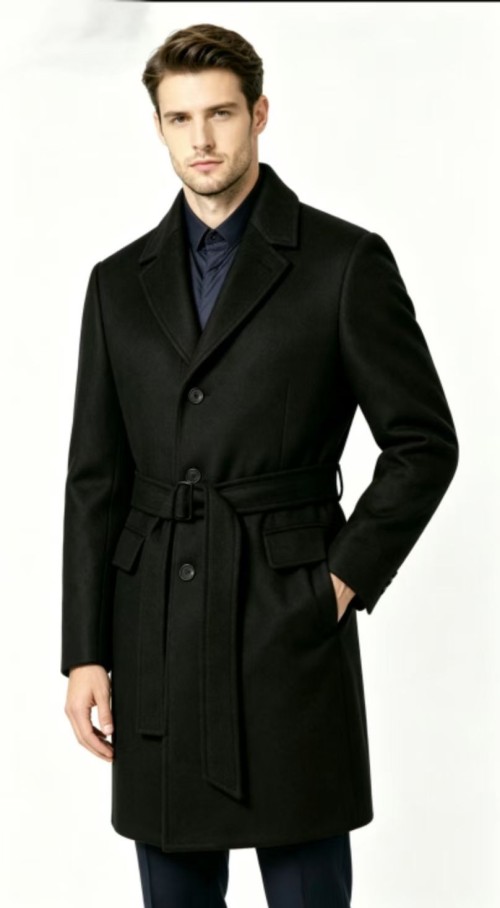 Mens 100% Polyester Wool-Blend Overcoat, Mid-Length Business Trench Coat, Winter Warm Outerwear