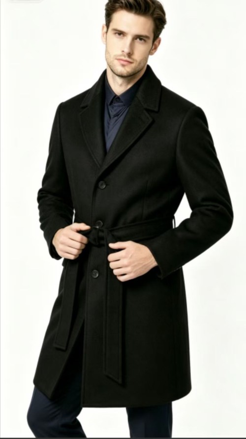 Mens 100% Polyester Wool-Blend Overcoat, Mid-Length Business Trench Coat, Winter Warm Outerwear
