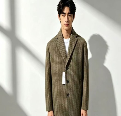 Mens Houndstooth  Wool Overcoat